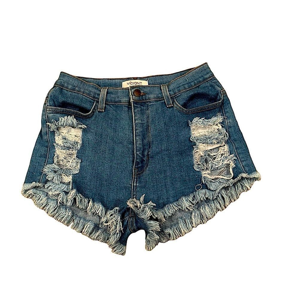 Vibrant M I U Frayed Denim High Waisted Jean Shorts Medium Blue Wash Sz Large
